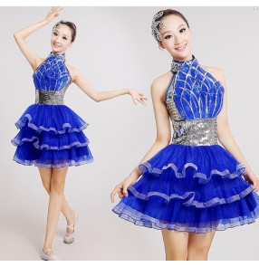 Silver sequins royal blue women's ladies female competition performance professional jazz ds singer dance costumes outfits hip hop dancing dresses